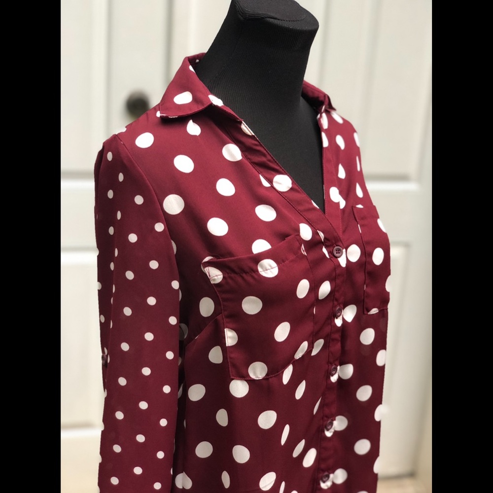 Burgundy Polka Dot Button Down Blouse